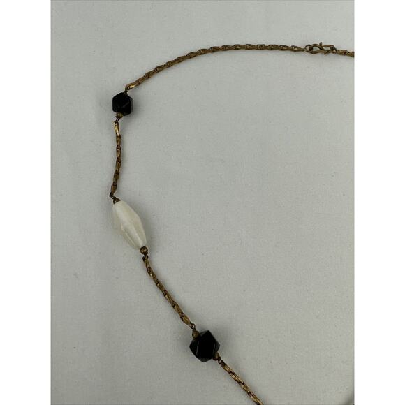 Vintage Semi Precious White Agate Onyx Beaded Brass Chain Lariat Necklace - Picture 4 of 8
